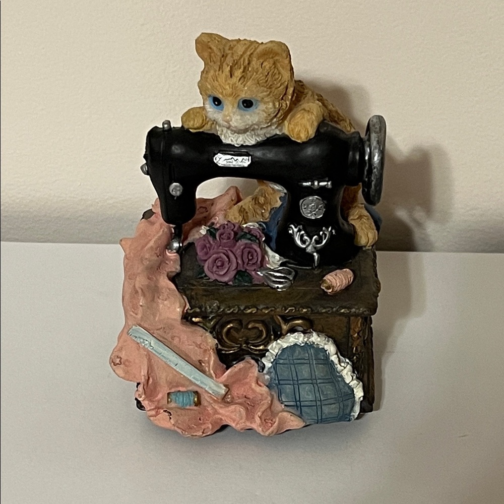 Vintage Music Box Cute Orange Cat Sitting on a Sewing Machine Figurine